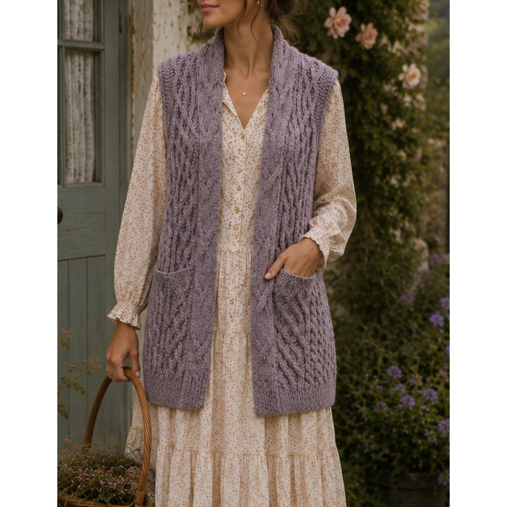 Carraig Donn Sleeveless Light Purple 100% Merino Wool Cable Knit Irish Vest XL